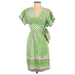 Tibi Green Silk Short Sleeve Wrap Dress V Neck Womens 2 Polka Dot Trad Wife